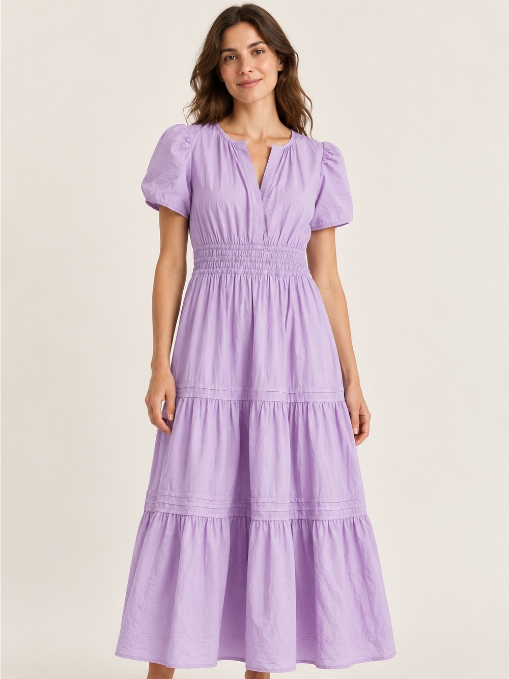 Quince M Lavender Organic Cotton Tiered Maxi Dress Puff Sleeve Smocked Waist